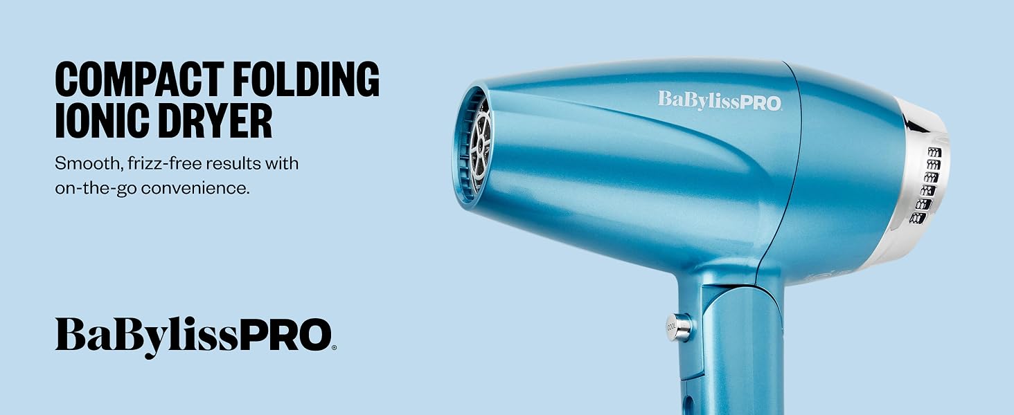 Compact folding blue ionic dryer promotes portable styling with a smooth, frizz-free finish.