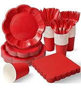 Vyntra Red Scalloped Paper Plates Set, 350 Pcs Disposable Party Plates, Elegant Fancy Paper Dinne...