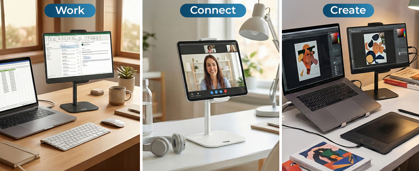 Multi-functional stands for work, video calls, and creative projects with adjustable tablet mounts.