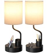 Bedside Table Lamps for Bedroom Set of 2 - Nightstand Light with AC Outlet and USB A & C for Char...