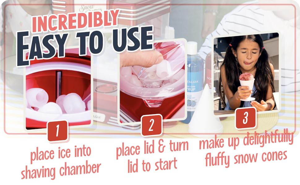 Easy to use - image showing to place ice, place lid, enjoy snow cone