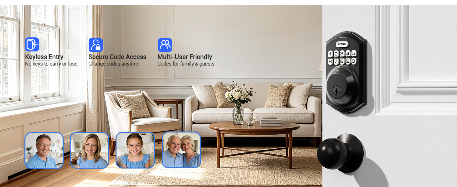 Multiple Unlock Methods: Key, Security Code, Family Code. Ideal for large families.
