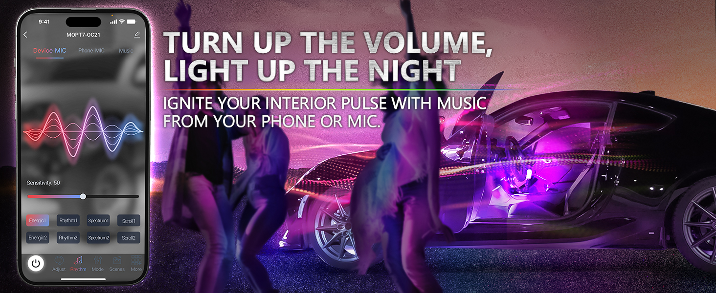 OPT7 Aura Pro Interior Car LED Lights with Superior Bright Light Strip and Music Sync Lighting
