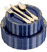DaYammi 150Pcs Blue Plastic Plates Heavy Duty Navy Blue Disposable Plates with Gold Plastic Silve...