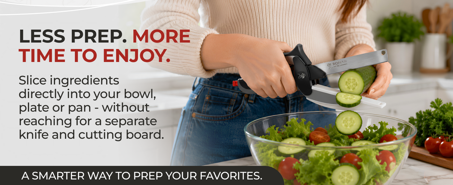 Woman slicing cucumber into salad bowl with 2 in 1 kitchen scissors and cutting board