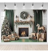 Mocsicka Green Christmas Backdrop Vintage Christmas Fireplace Background Decorations Christmas Ga...