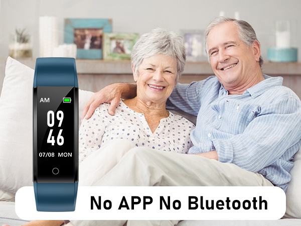 Fitness tracker with blue band displaying time (07:46) and date, advertised as requiring no app or Bluetooth connection.