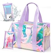 Beach Bags for Women, Clear Iridescent Beach Tote Bag with Makeup Bag & Phone Pouch, Waterproof S...