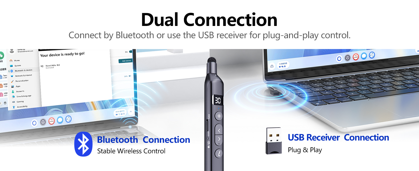 Text reads: 'Dual Connection' with 'Connect to your device over Bluetooth or 2.4G USB dongle control'. Image shows a wireless device with Bluetooth and USB receiver connection options, displayed with laptop and computer setup.
