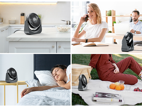 Collage of black oscillating fan in various settings: kitchen counter, office desk, bedroom, and outdoor picnic. Shows versatility in different environments.