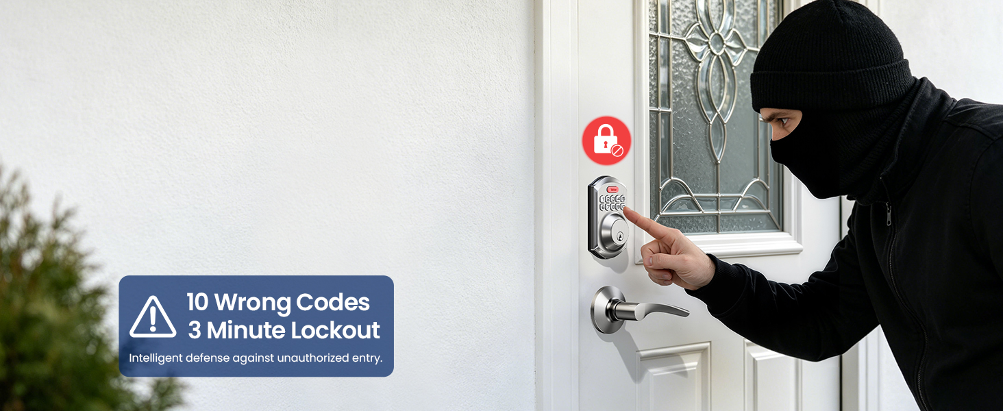 Keypad door lock with 10 wrong attempts lockout for 3 minutes, enhanced security for home protection