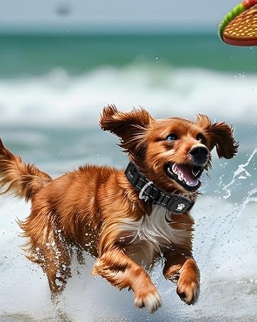 MYIWB Black Dog Collar – Golden Retriever Running on Beach, Waterproof Design.