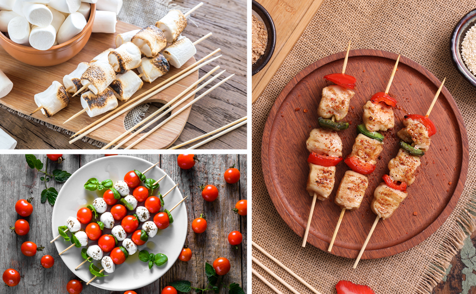 Collage of food images: skewered marshmallows, caprese salad skewers on a plate, and meat kebabs on a wooden board. Shows variety of skewered appetizers and snacks.