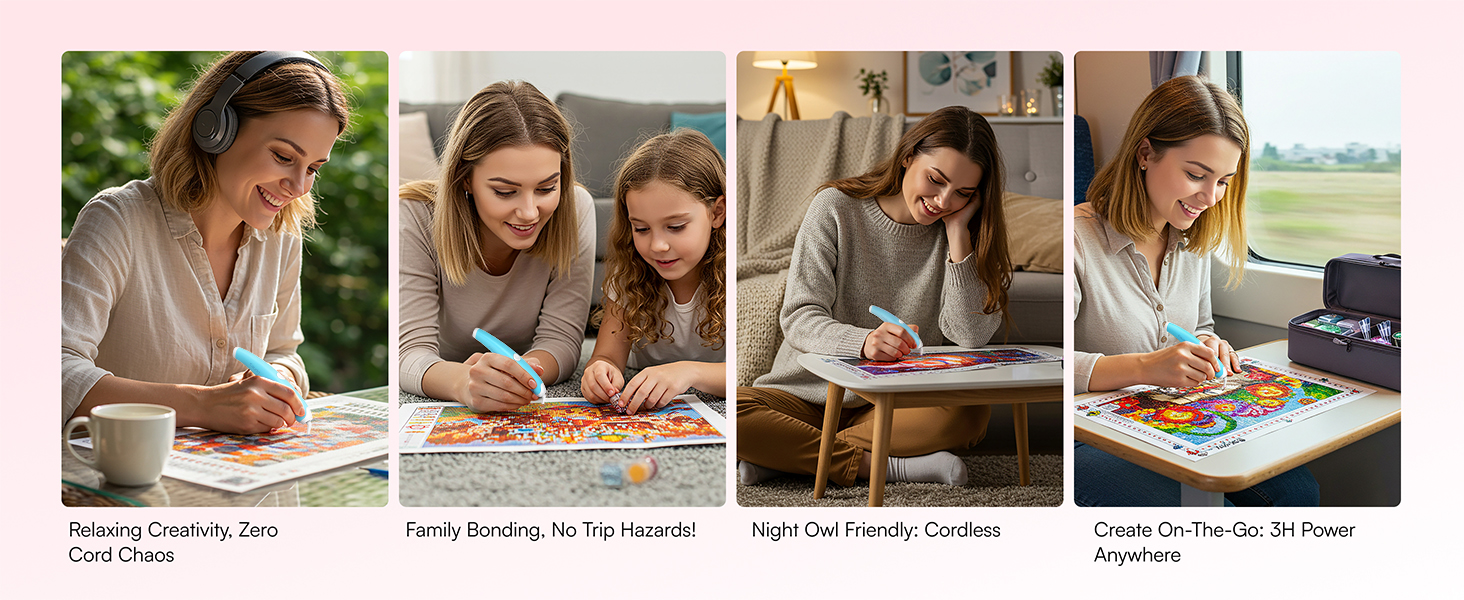 Multiple images showing people studying or working at desks, demonstrating various scenarios of desk lamp usage in educational and work settings.