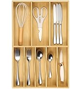 Fabsome Silverware Organizer for Kitchen Drawers, 2.5'' Deep 12.8'' Wide Bamboo Wood Flatware Tra...