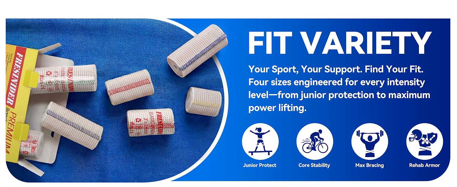 Elastic bandage sizes for different sports, body areas and support needs
