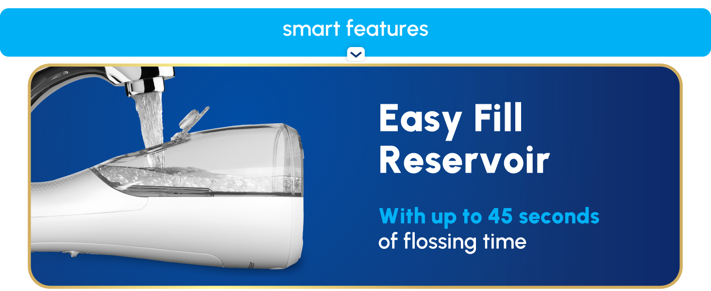 Image of Waterpik Cordless Peal flosser reservoir with text reading easy fill reservoir