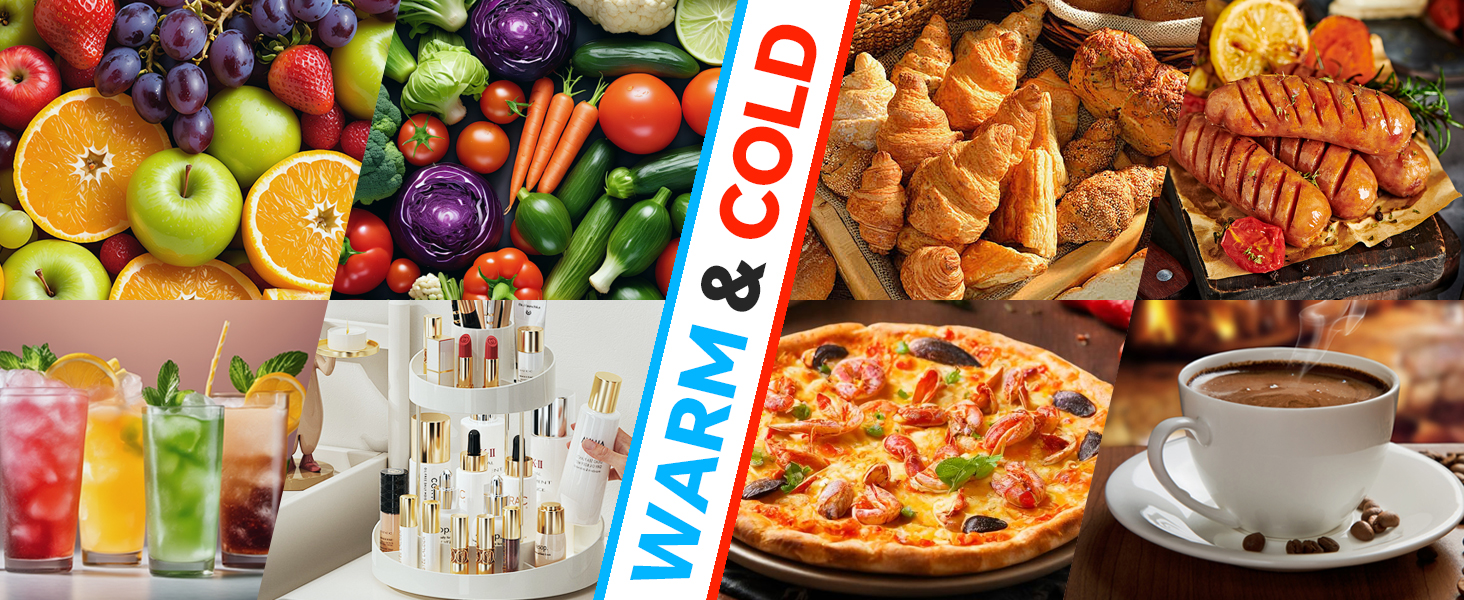 Text reads: 'WARM & COLD'. Collage of food and beverage images showing fresh fruits, cocktails, pizza, and coffee arrangements.