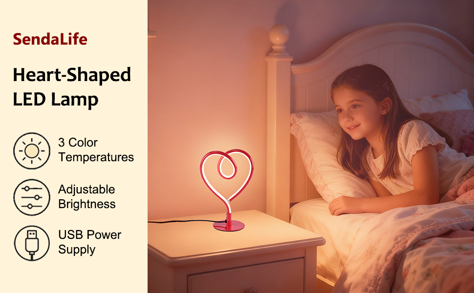 SendaLife heart-shaped LED table lamp with 3 color temperatures, dimmable brightness, USB powered