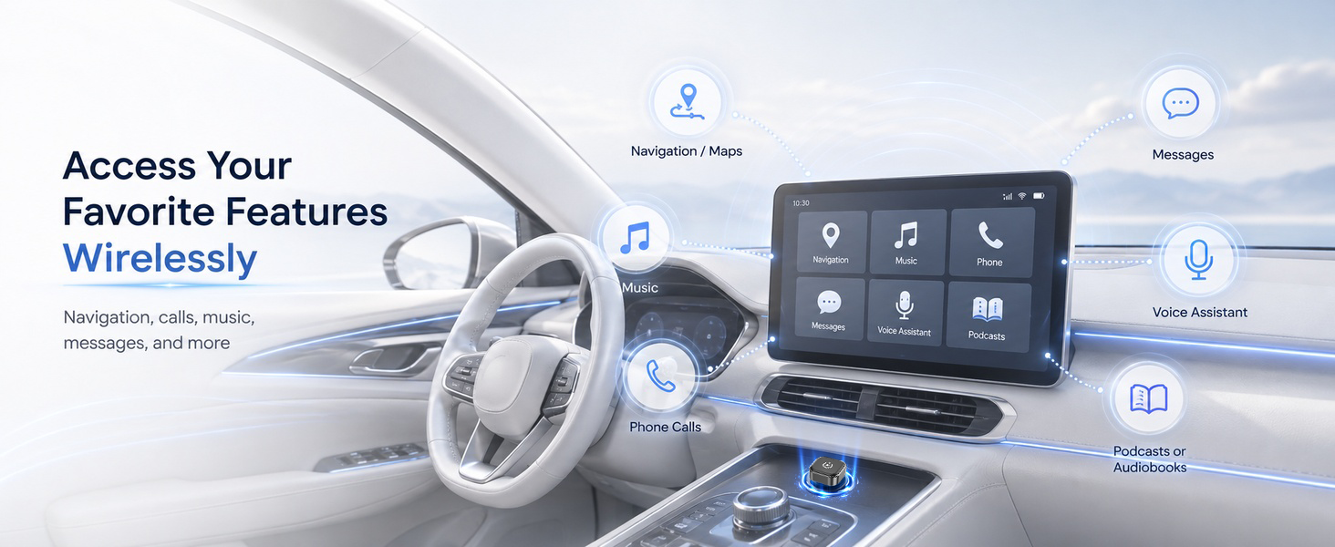 Wireless adapter shows navigation, calls, music, messages, and voice features in a car.