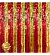 BEISHIDA Red Gold Door Streamers Backdrop Foil Fringe Tinsel Party Streamers Curtains Photo Backd...