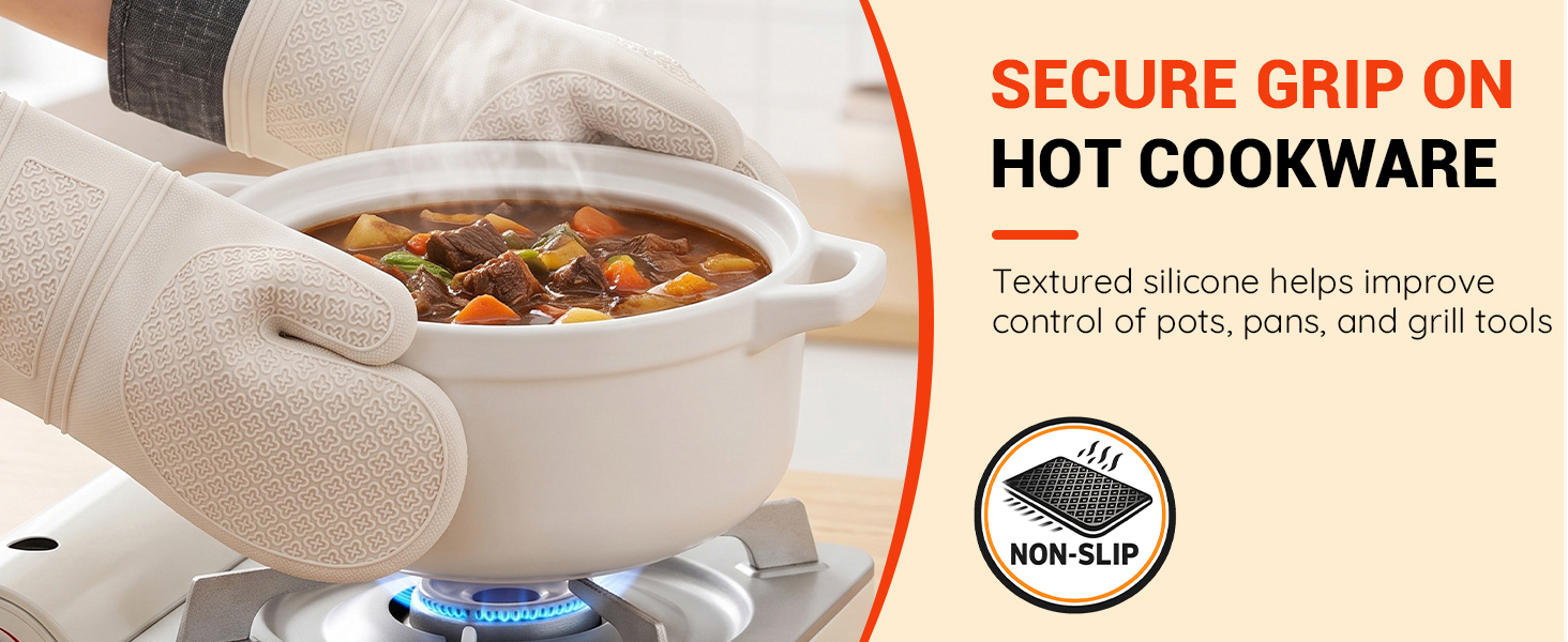 Textured silicone helps improve control of pots, pans, and grill tools