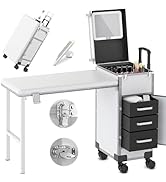 EASYINBEAUTY Rolling Portable Manicure Table with 3 Drawers & Adjustable Pull Rod, Lockable Makeu...