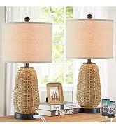 CINSARY Touch Control Rattan Table Lamps, 3 Way Dimmable Bedside Lamps for Bedroom Set of 2 with ...