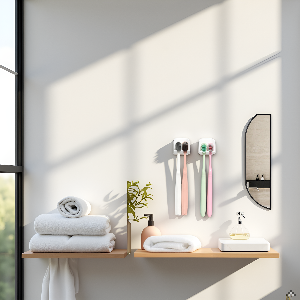 A modern bathroom with a sleek, minimalist design featuring a product on a clean, white countertop.