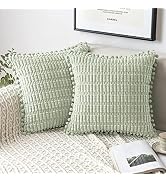 MIULEE Light Green Corduroy Decorative Throw Pillow Covers Pack of 2 Pom-pom Soft Boho Striped Pi...