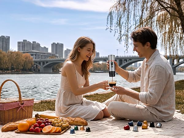 The couple was having a picnic in the park. The boy was making coffee for the girl to drink