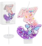 Birthday Number Candles Pink and Purple Butterfly Birthday Candles for Cake Glitter Number 3 Cand...