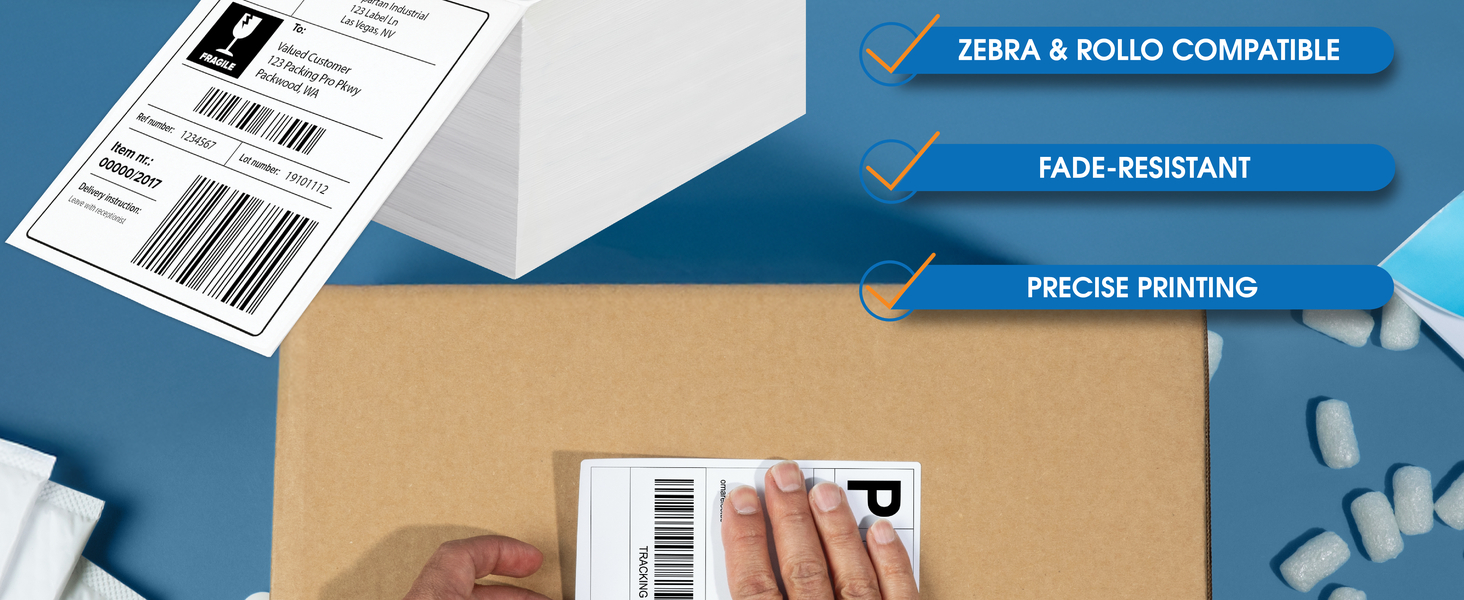 A man applies a shipping tag with text highlighting adhesion, clarity, compatibility, and longevity