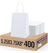 METRONIC Gift Bags 5.25x3.75x8 400Pcs, White Paper Bags with Handles, Kraft Paper Bag for Small B...