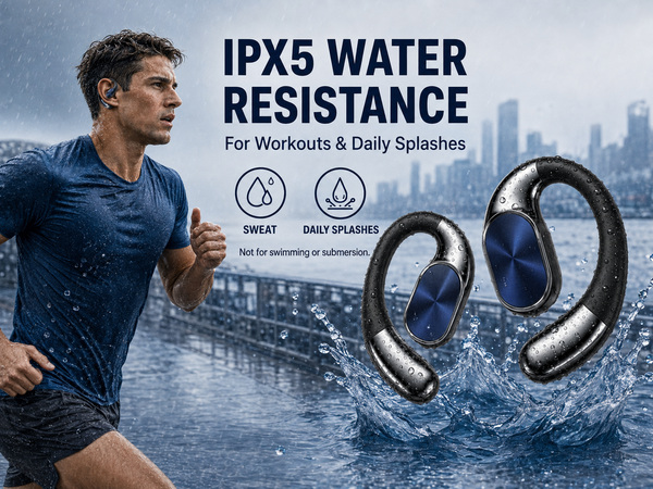 IPX5 water-resistant open-ear earbuds for workouts, sweat and daily splashes.