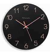 mooas Flatwood Black Wall Clock,12" Wood Wall Clock Non-Ticking Sweep Movement Decorative Wall Cl...