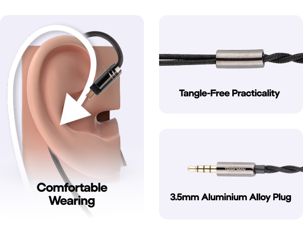 Text reads 'Tangle-Free Practically', 'Comfortable Wearing', '3.5mm Aluminium Alloy Plug'. Technical product shots showing various angles of an audio device component.