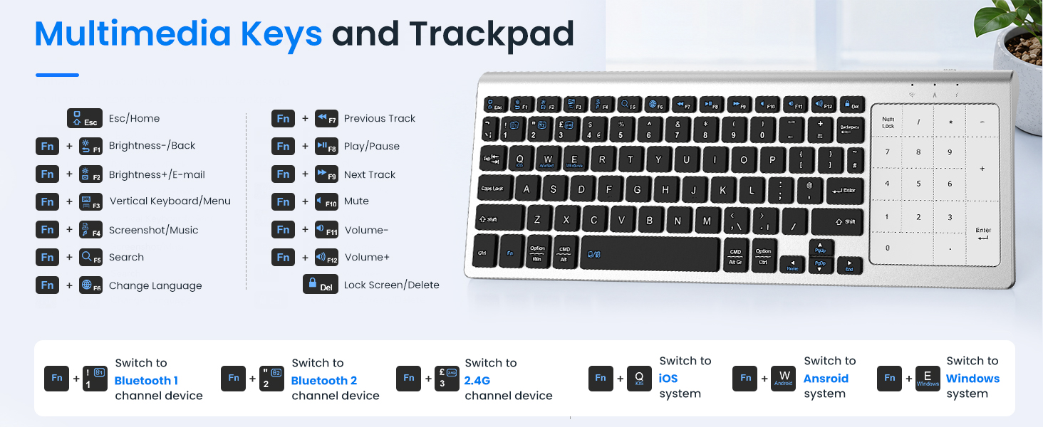wireless keyboard with touchpad and numeric keypad