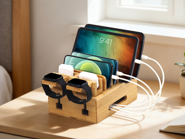 Bamboo charging station organizer for multi devices