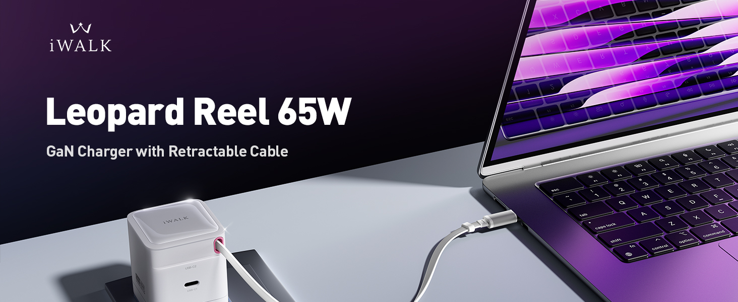 65W GaN Charger with Built-in Retractable USB-C Cable
