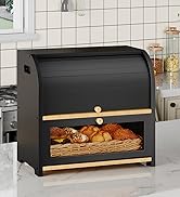 HOOBRO Bread Box, Bamboo Bread Box for Kitchen Countertop, 2 Tier Roll-Top Bread Bin, Food Storag...