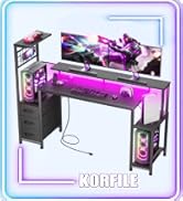 Korfile 55 Inch Gaming Desk with LED Lights & Power Outlets,Computer Desk with Fabric Drawers