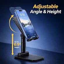 Adjustable phone stand with height and angle adjustment, foldable desk stand for smartphones