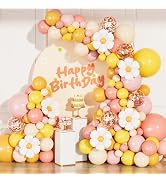 Adeyoo Boho Daisy Balloon Arch Garland Kit, 136Pcs Groovy Balloons Set with Pink Yellow Orange Nu...