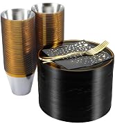 Stylish Black Cake Plates, Disposable Gold Cups Forks with Cocktail Napkins (100 Set of Each), 7....