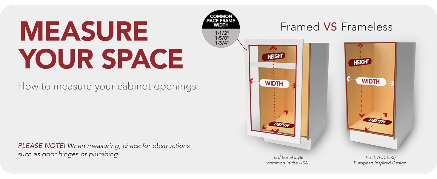 An illustration on how to measure your cabinet openings. Text reads: Measure Your Space.