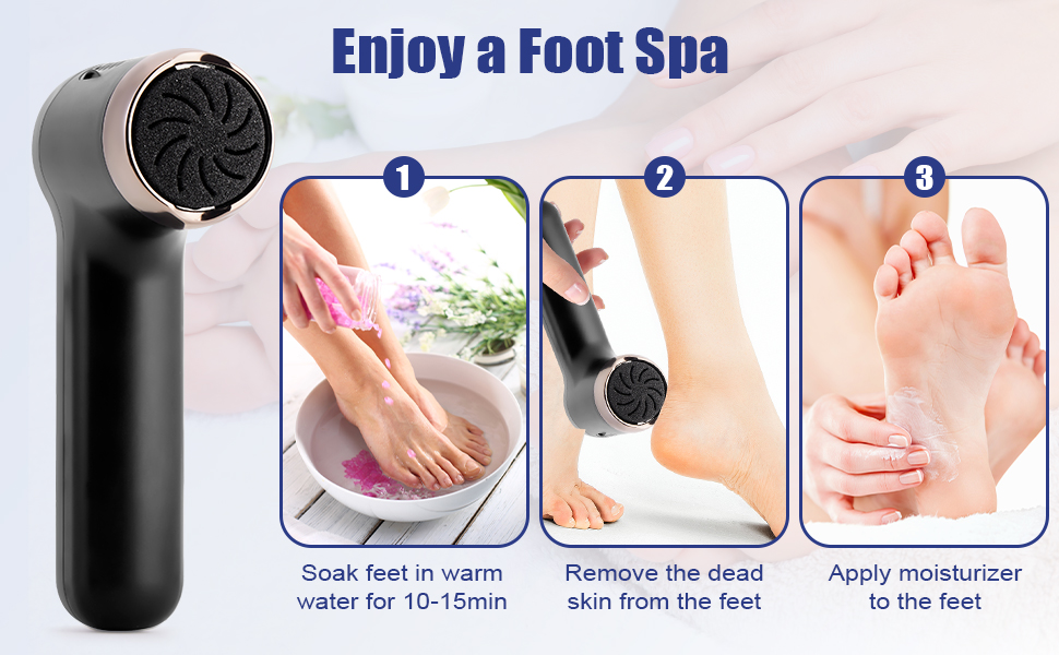 Electric foot file with three-step spa process: soaking feet, removing dead skin with device, and applying moisturizer. Device has black handle and circular exfoliating head.