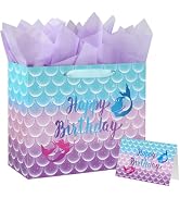 Yusenguan 13" Large Mermaid Happy Birthday Gift Bag with Tissue Paper, Greeting Card and Handle f...