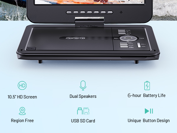 DVD player features 10.5-inch screen, USB/SD support, and 6-hour battery life in one compact device.