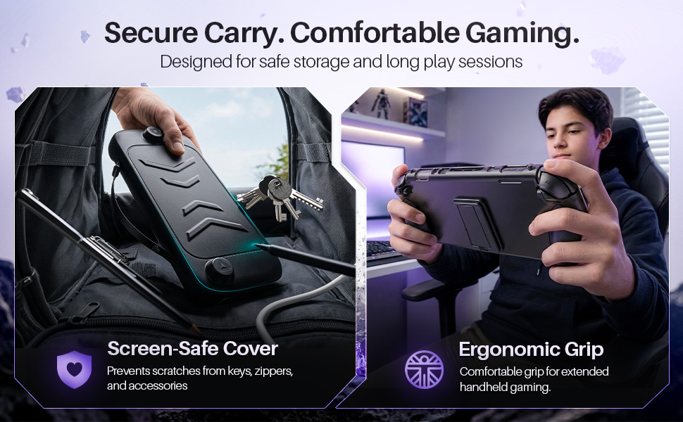 Player holding console comfortably while case is carried, highlighting nintendo switch 2 grip.